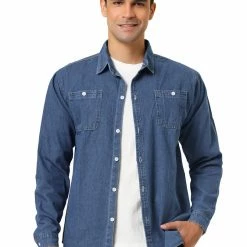 Allegra K Men's Long Sleeve Casual Standard Fit Button Front Denim Shirt