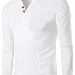 Allegra K Men's Linen Henley Shirts Collar Button Casual Long Sleeve T-Shirts