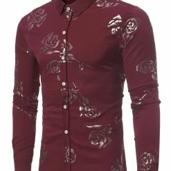 Allegra K Men's Gold Rose Floral Printed Shirts Slim Fit Long Sleeve Prom Party Shirt
