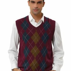 Allegra K Men's Casual Argyle Vest Sweater V Neck Slim Fit Sleeveless Knit Pullover