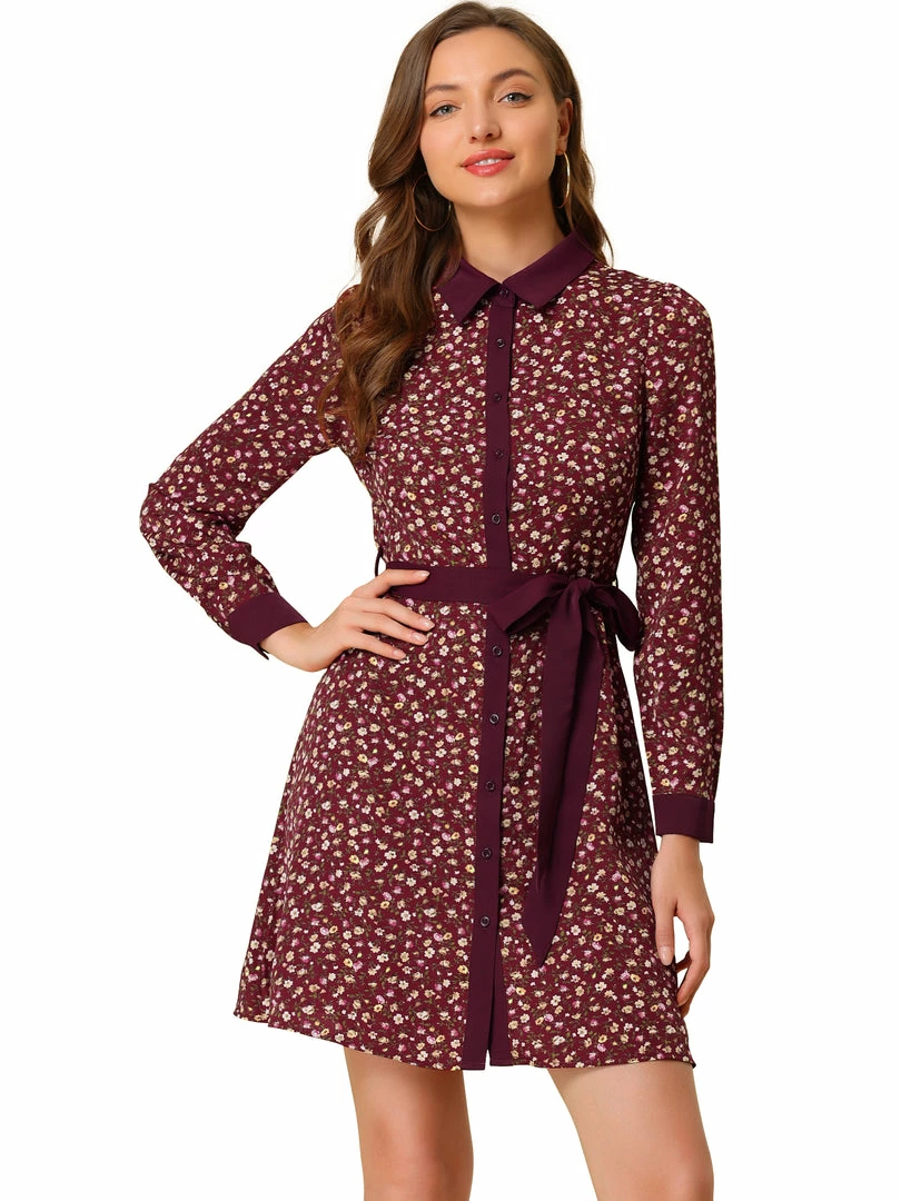 Allegra K Women's Contrast Collar Button Front Vintage Floral Long Sleeve Shirt Dress 3 Allegra K Women's Contrast Collar Button Front Vintage Floral Long Sleeve Shirt Dress