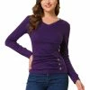 Allegra K Women's V Neck Long Sleeves Knit Casual Buttons Decor Ruched Top 2 Allegra K Women's V Neck Long Sleeves Knit Casual Buttons Decor Ruched Top