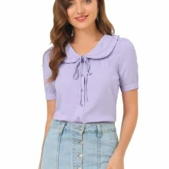 Allegra K Women's Ruffle Collar Work Office Short Sleeve Shirt Top
