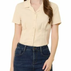 Allegra K Women's Summer Work Blouse Lapel Collar Short Sleeve Button Down Shirt