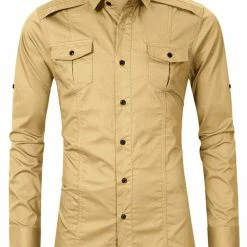 Allegra K Men's Cargo Shirt Long Sleeves Regular Fit Button Down Safari Work Shirts