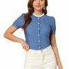 Allegra K Women's Lace Trim Button Front Classic Denim Jeans Tops