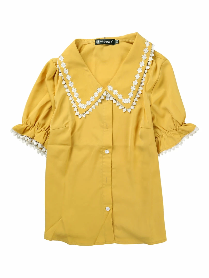 Allegra K Women's Sweet Peter Pan Contrast Collar Short Sleeves Button Up Blouse Tops 3 Allegra K Women's Sweet Peter Pan Contrast Collar Short Sleeves Button Up Blouse Tops