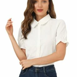 Allegra K Women's Floral Peter Pan Collar Button Ruffle Puff Short Sleeve Shirt Top