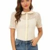 Allegra K Women’s Daisy Embroidered Mesh Peter Pan Collar Sheer Short Sleeve Shirt