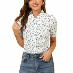 Allegra K Women's Floral Peter Pan Collar Lace Trim Short Sleeve Button Down Floral Blouse