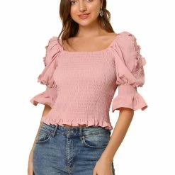 Allegra K Women's Smocked Ruffle Square Neck Puff Sleeve Blouse Top