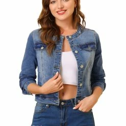Allegra K Women's Denim Jacket Button Down Collarless Long Sleeve Jean Jackets