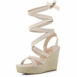 Allegra K Shoes Women's Lace Up Wedge Heel Platform Strappy Espadrilles Sandals