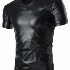 Allegra K Men's Metallic Shiny Nightclub V Neck Short Sleeve Slim Fit Party Disco T-Shirt