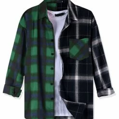 Allegra K Men's Plaid Shirt Color Block Patchwork Long Sleeves Checked Shirt Jacket