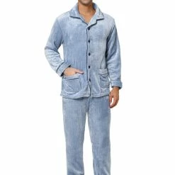 Allegra K Men's Fleeced Pajamas Sets Button Closure Camp Collar Long Sleeves Flannel Plush Nightwear Pjs