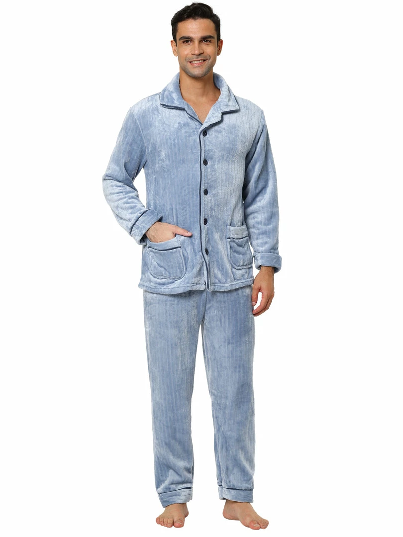 Allegra K Men's Fleeced Pajamas Sets Button Closure Camp Collar Long Sleeves Flannel Plush Nightwear Pjs 3 Allegra K Men's Fleeced Pajamas Sets Button Closure Camp Collar Long Sleeves Flannel Plush Nightwear Pjs