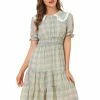 Allegra K Women's Summer Midi Dress Peter Pan Collar Smocked Ruffle Plaid Chiffon Dress 2 Allegra K Women's Summer Midi Dress Peter Pan Collar Smocked Ruffle Plaid Chiffon Dress