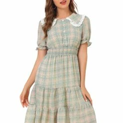 Allegra K Women's Summer Midi Dress Peter Pan Collar Smocked Ruffle Plaid Chiffon Dress