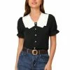 Allegra K Women's Peter Pan Collar Preppy Summer Casual Puff Short Sleeve Blouse Shirt
