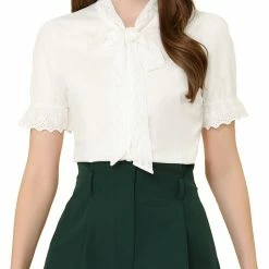 Allegra K Women's Embroidered Tie Neck Cotton Button-Down Blouse