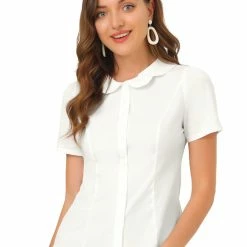 Allegra K Women's Work Office Shirt Peter Pan Collar Button Down Blouse