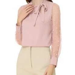 Allegra K Women's Tie Neck Work Tops Elegant Semi-Sheer Mesh Polka Dots Blouse