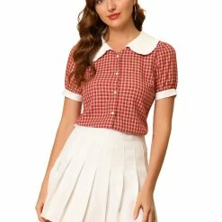 Allegra K Women's Plaid Blouse Puff Short Sleeve Ruffle Contrast Peter Pan Collar Shirt Top