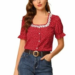 Allegra K Women's Valentine's Day Square Neck Button Ruffle Sleeve Love Heart Printed Blouse Top