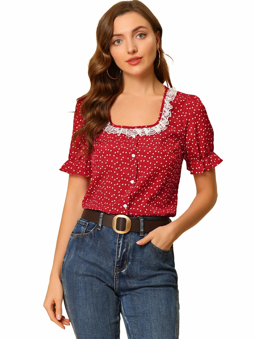 Allegra K Women's Valentine's Day Square Neck Button Ruffle Sleeve Love Heart Printed Blouse Top 3 Allegra K Women's Valentine's Day Square Neck Button Ruffle Sleeve Love Heart Printed Blouse Top