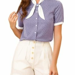 Allegra K Women's Tie V Neck Button Up Polka Dots Top Blouse