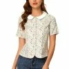 Allegra K Women's Peter Pan Collar Blouse Puff Sleeve Top Button Down Floral Shirt
