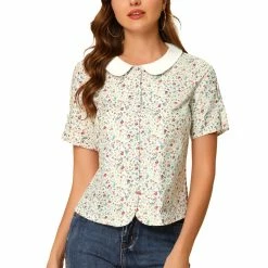 Allegra K Women's Peter Pan Collar Blouse Puff Sleeve Top Button Down Floral Shirt