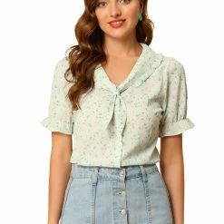 Allegra K Women's Floral Print Tie Neck Ruffle Decor Ruffle Cuffs Tops