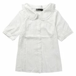 Allegra K Women's Peter Pan Collar Swiss Dots Short Sleeves Button Front Shirt Blouse