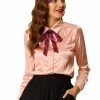 Allegra K Women's Long Sleeve Tie Bow Neck Satin Chiffon Tops