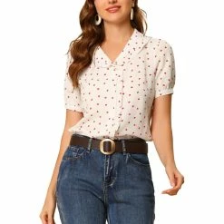 Allegra K Women's Button Down Shirts Turndown Collar Short Sleeve Valentine's Day Shirt