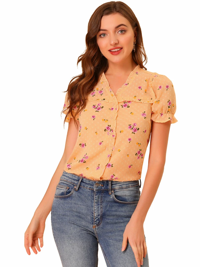 Allegra K Women's Swiss Dots Blouse V Neck Casual Chiffon Floral Shirt 3 Allegra K Women's Swiss Dots Blouse V Neck Casual Chiffon Floral Shirt