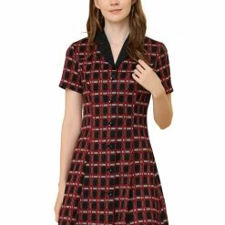 Allegra K Women's Button Front Fit And Flare Plaid Tartan Shirt Dress