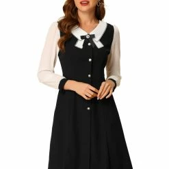 Allegra K Women's Contrast Collar Long Sleeves A-Line Elegant Button Decor Short Dress