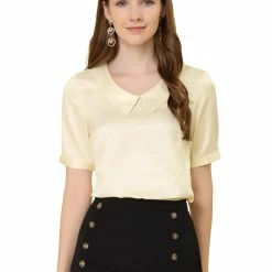Allegra K Women's Turndown Collar Button Decor Short Sleeve Satin Blouse