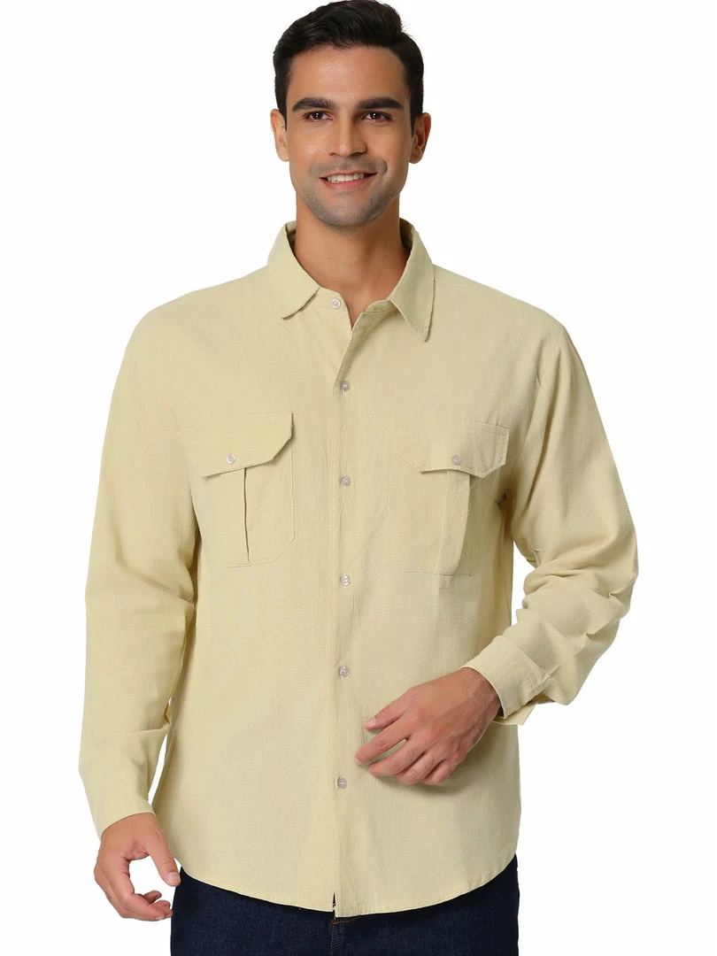 Allegra K Men's Linen Shirt Solid Long Sleeves Casual Button Down Beach Cargo Shirts 3 Allegra K Men's Linen Shirt Solid Long Sleeves Casual Button Down Beach Cargo Shirts