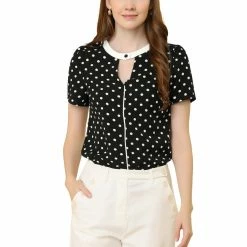 Allegra K Women's Work Office Shirt Elegant Dots Short Sleeve Keyhole Blouse