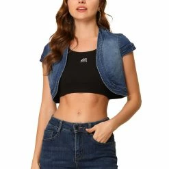 Allegra K Women's Casual Crop Denim Cardigan Slim Fit Cap Sleeve Jean Jacket