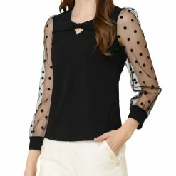 Allegra K Women's Retro Keyhole Knit Mesh Puff Sleeve Top