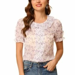 Allegra K Women's Ruffled Neck Button Up T-Shirt Puff Sleeve Chiffon Floral Blouse Top