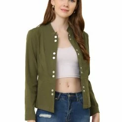 Allegra K Women's Casual Stand Collar Lightweight Long Sleeve Snap Front Jacket