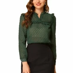 Allegra K Women's Chiffon Shirts Elegant Long Sleeve Ruffle Swiss Dots Blouse Top