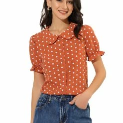Allegra K Women's Elegant Puff Sleeve Polka Dot Peter Pan Collar Vintage Shirt Top