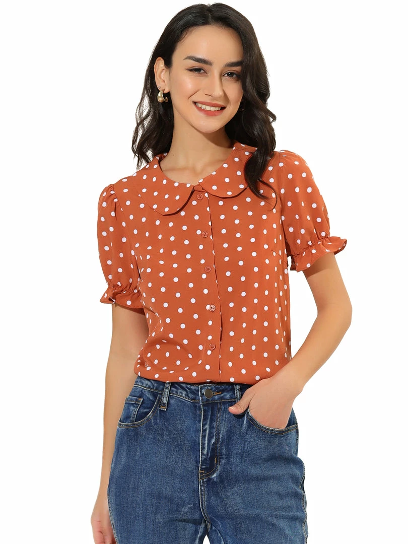Allegra K Women's Elegant Puff Sleeve Polka Dot Peter Pan Collar Vintage Shirt Top 3 Allegra K Women's Elegant Puff Sleeve Polka Dot Peter Pan Collar Vintage Shirt Top